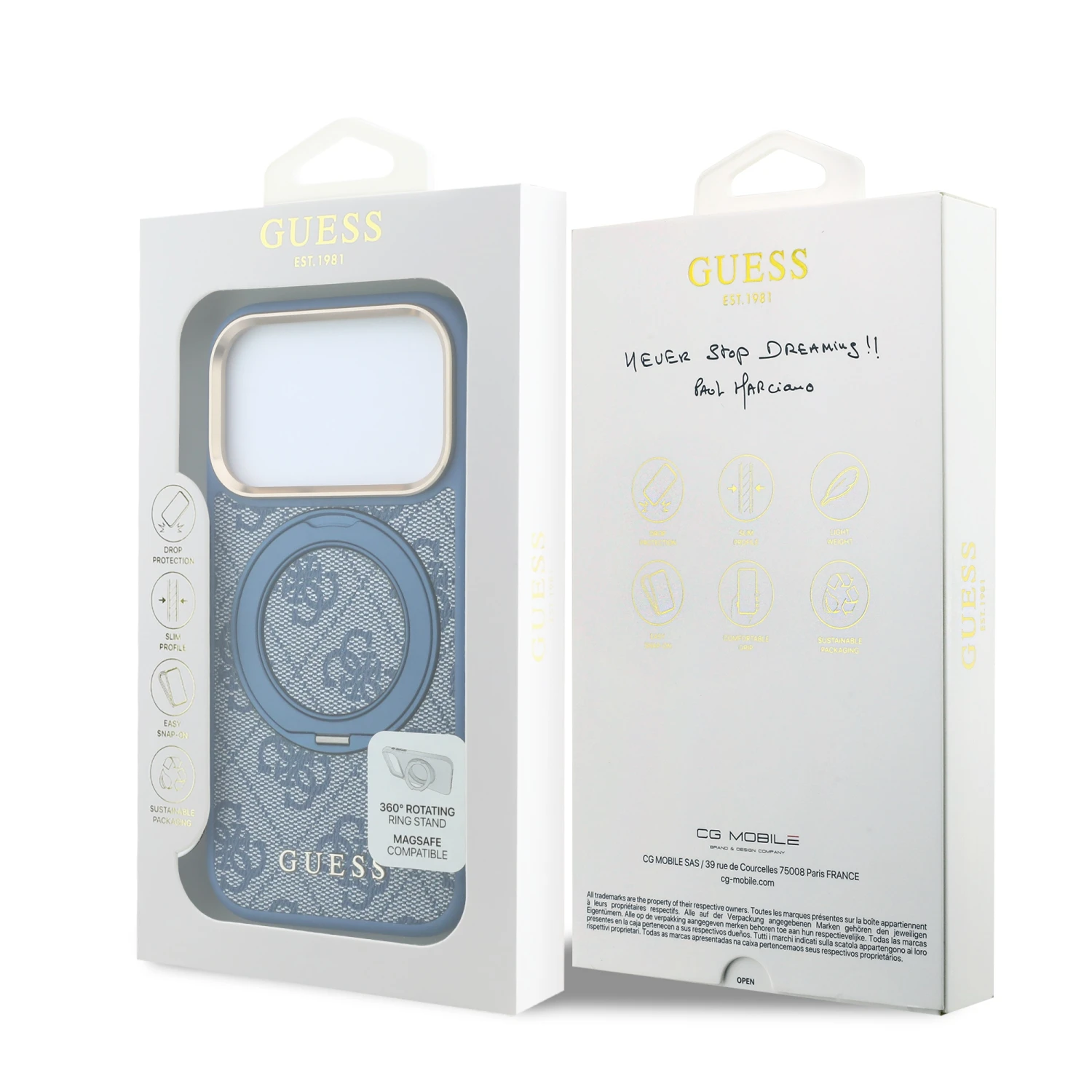 Guess PU 4G Ring Stand MagSafe Zadní Kryt pro iPhone 18 Pro Blue