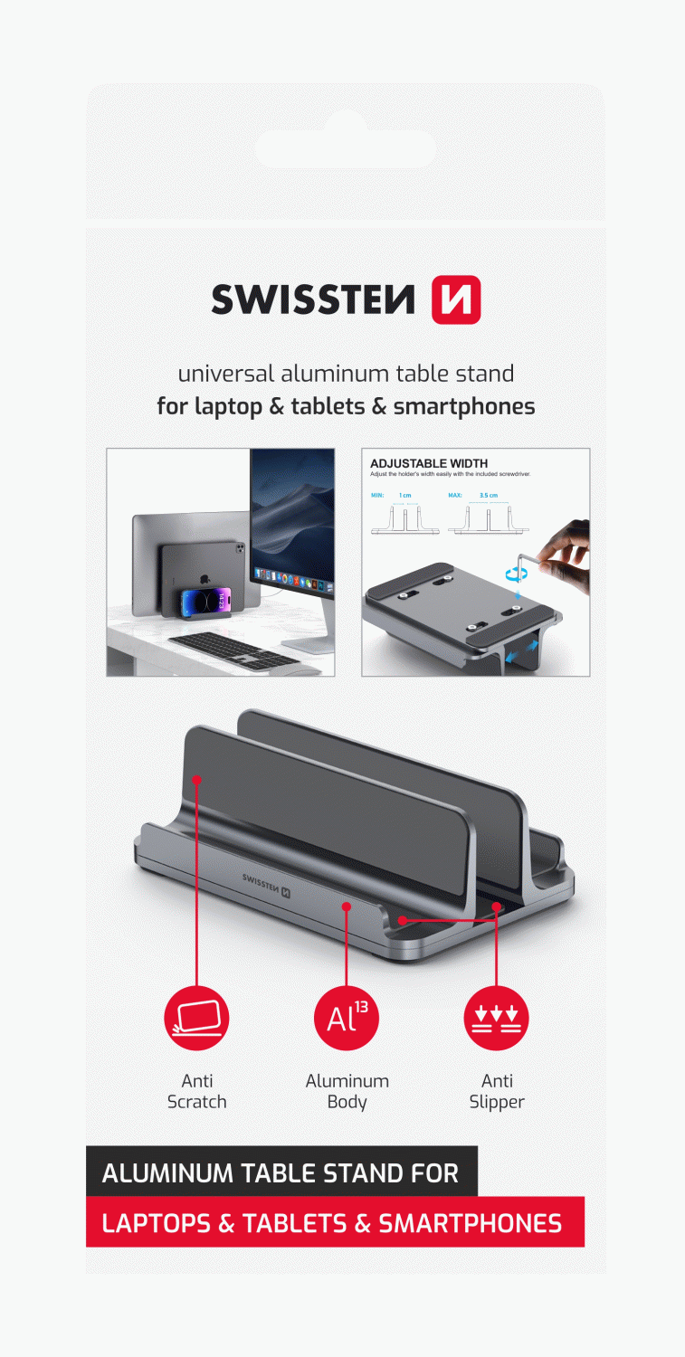 SWISSTEN HLINÍKOVÝ DRŽÁK NA TABLET / LAPTOP S NASTAVITELNÝM UCHYCENÍM