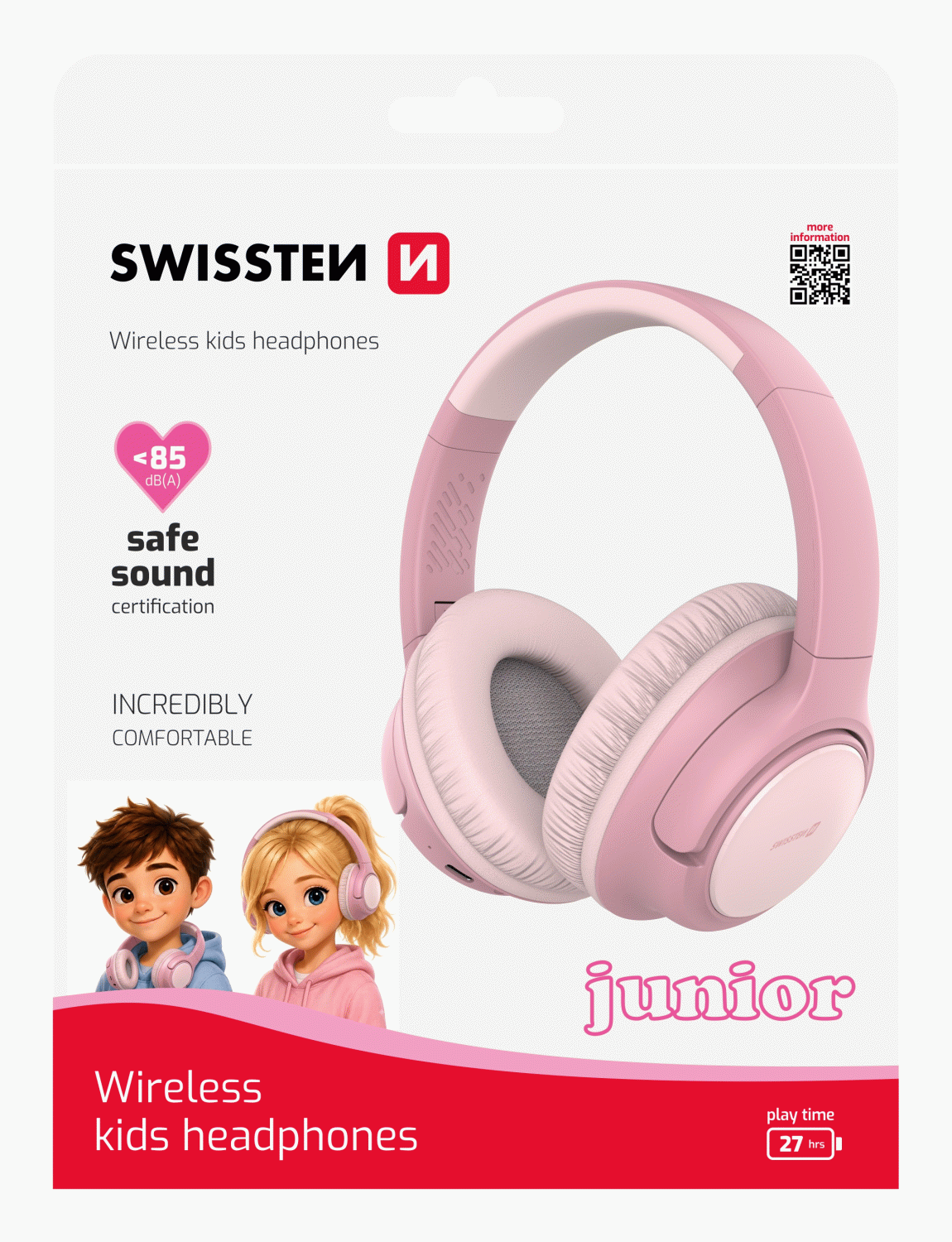 BLUETOOTH DĚTSKÁ STEREO SLUCHÁTKA SWISSTEN JUNIOR, RŮŽOVÁ