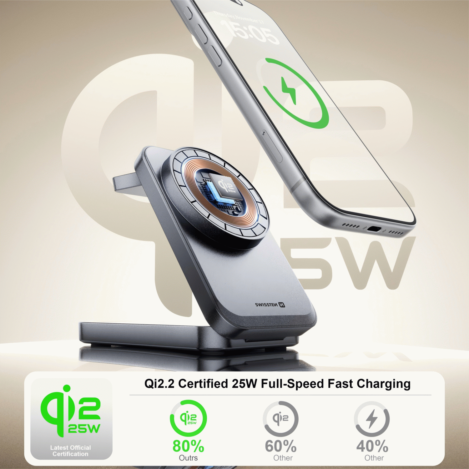 SWISSTEN Qi2.2 25W NABÍJEČKA MagBase PRO 3v1, kompatibilní s MagSafe, černá