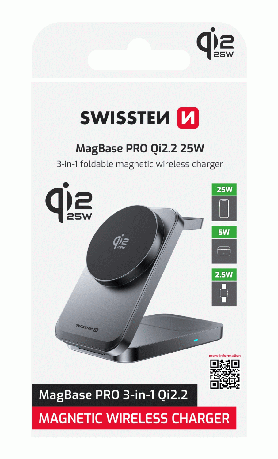 SWISSTEN Qi2.2 25W NABÍJEČKA MagBase PRO 3v1, kompatibilní s MagSafe, černá