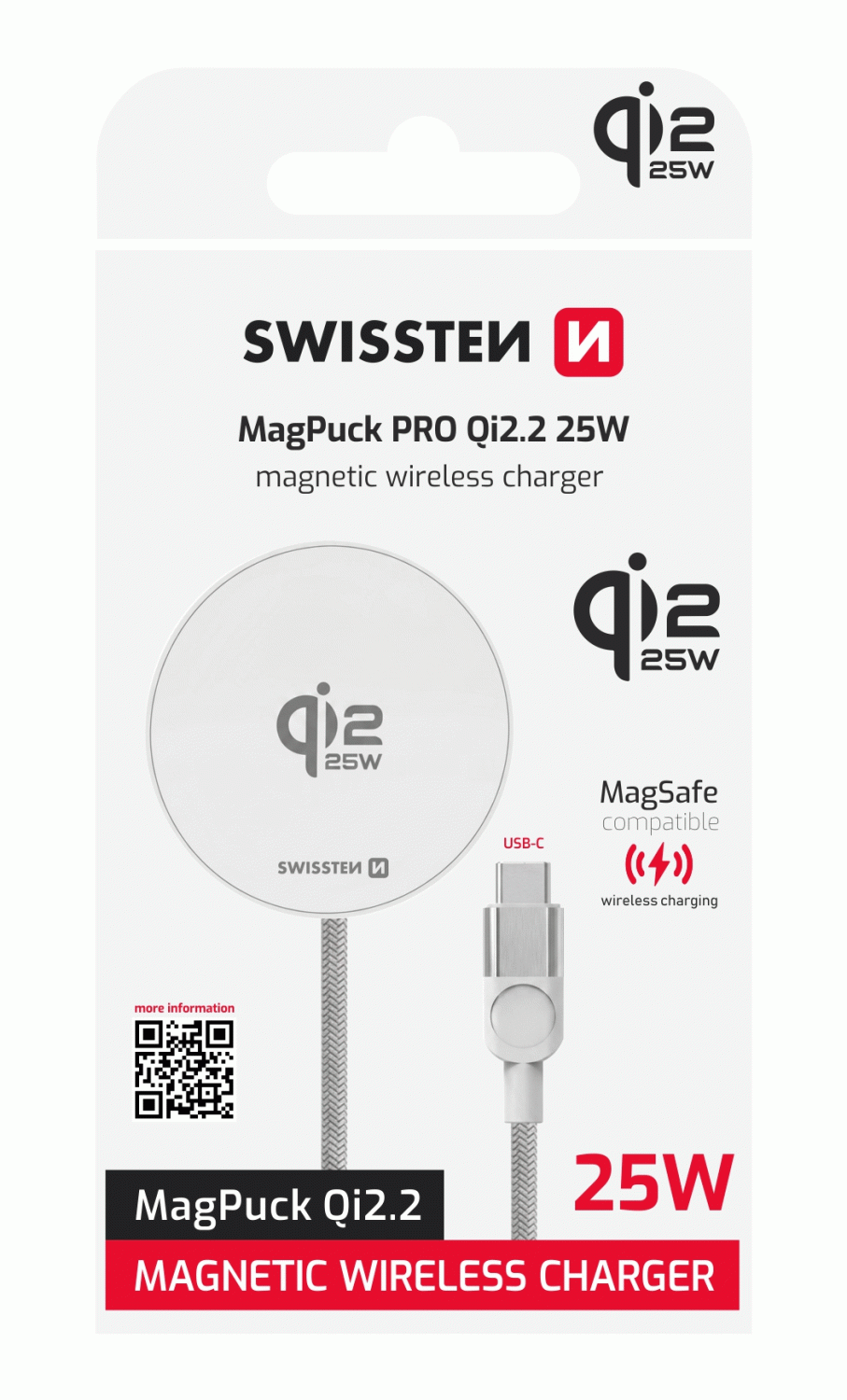SWISSTEN MagPuck PRO Qi2.2 25W 1.2 M, kompatibilní s MagSafe