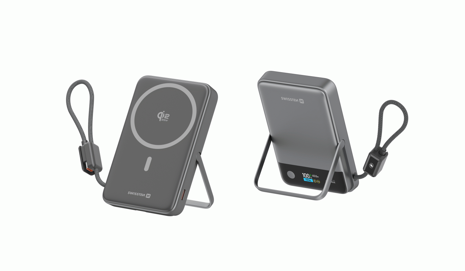 SWISSTEN SEMI-SOLID 10000 mAh, 45W S INTEGROVANÝM KABELEM USB-C, Qi2.2, 25W, kompatibilní s MagSafe