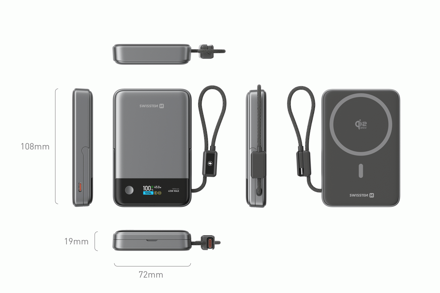 SWISSTEN SEMI-SOLID 10000 mAh, 45W S INTEGROVANÝM KABELEM USB-C, Qi2.2, 25W, kompatibilní s MagSafe