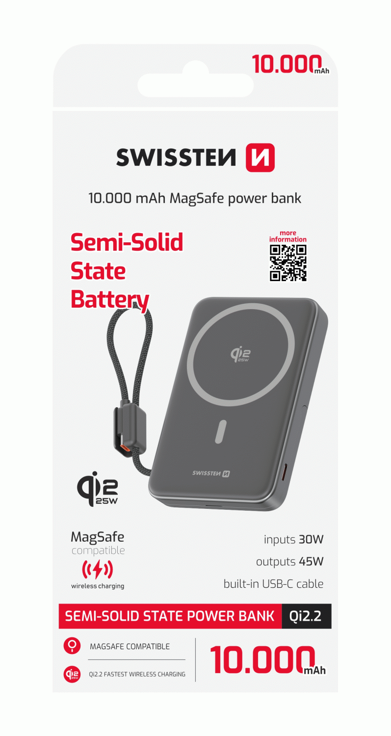 SWISSTEN SEMI-SOLID 10000 mAh, 45W S INTEGROVANÝM KABELEM USB-C, Qi2.2, 25W, kompatibilní s MagSafe
