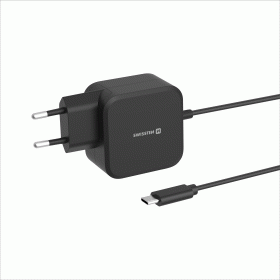 SWISSTEN SÍŤOVÝ ADAPTÉR LaptopCHARGE GaN 70W, SE ZABUDOVANÝM USB-C KABELEM, ČERNÁ