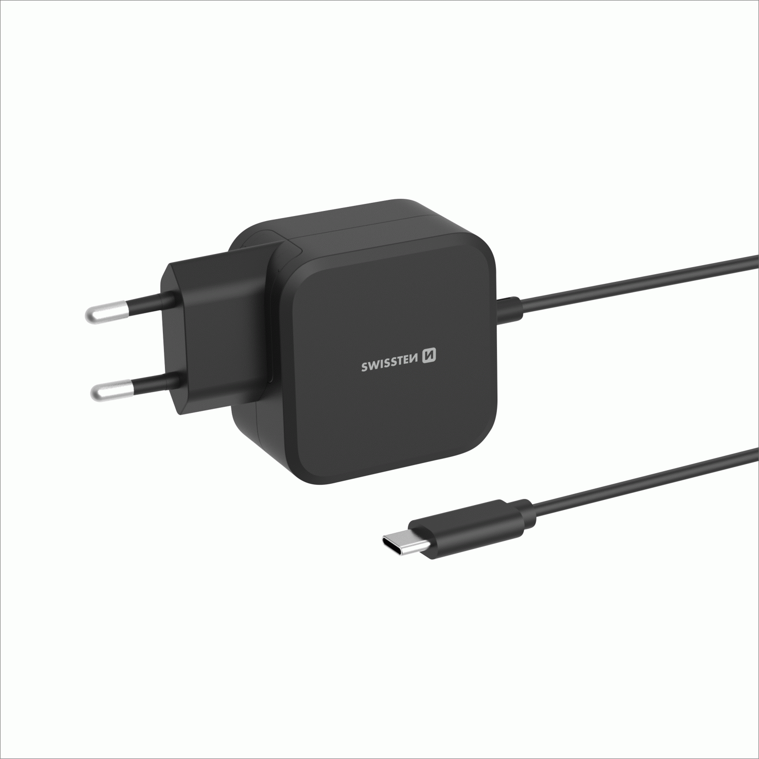 SWISSTEN SÍŤOVÝ ADAPTÉR LaptopCHARGE GaN 70W, SE ZABUDOVANÝM USB-C KABELEM, ČERNÁ