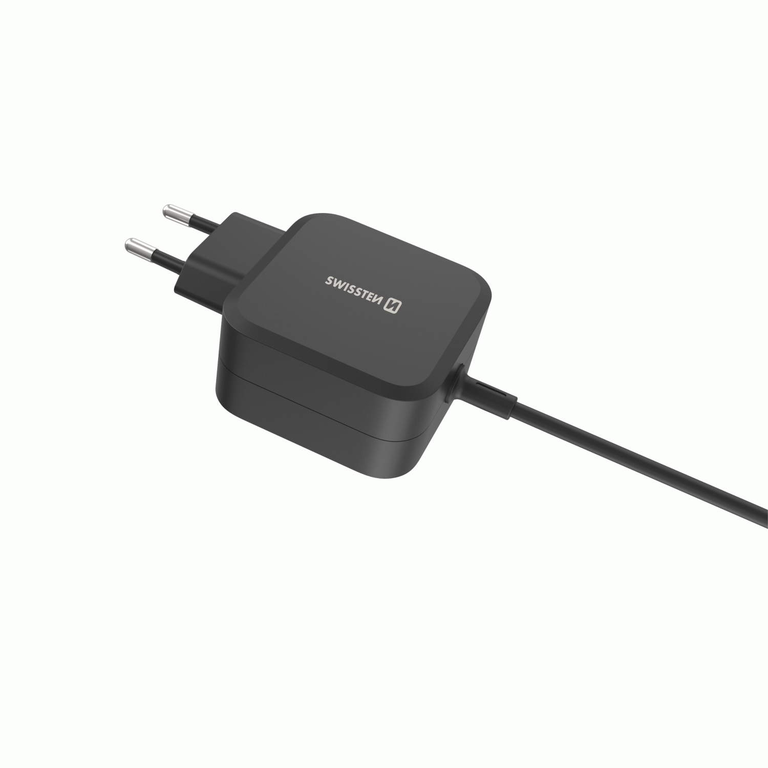 SWISSTEN SÍŤOVÝ ADAPTÉR LaptopCHARGE GaN 70W, SE ZABUDOVANÝM USB-C KABELEM, ČERNÁ