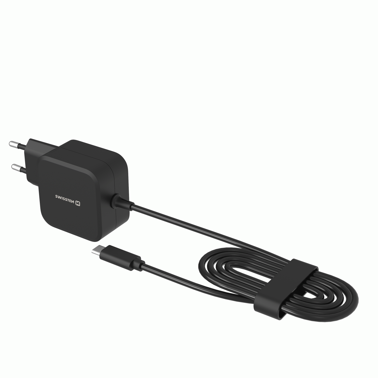 SWISSTEN SÍŤOVÝ ADAPTÉR LaptopCHARGE GaN 70W, SE ZABUDOVANÝM USB-C KABELEM, ČERNÁ