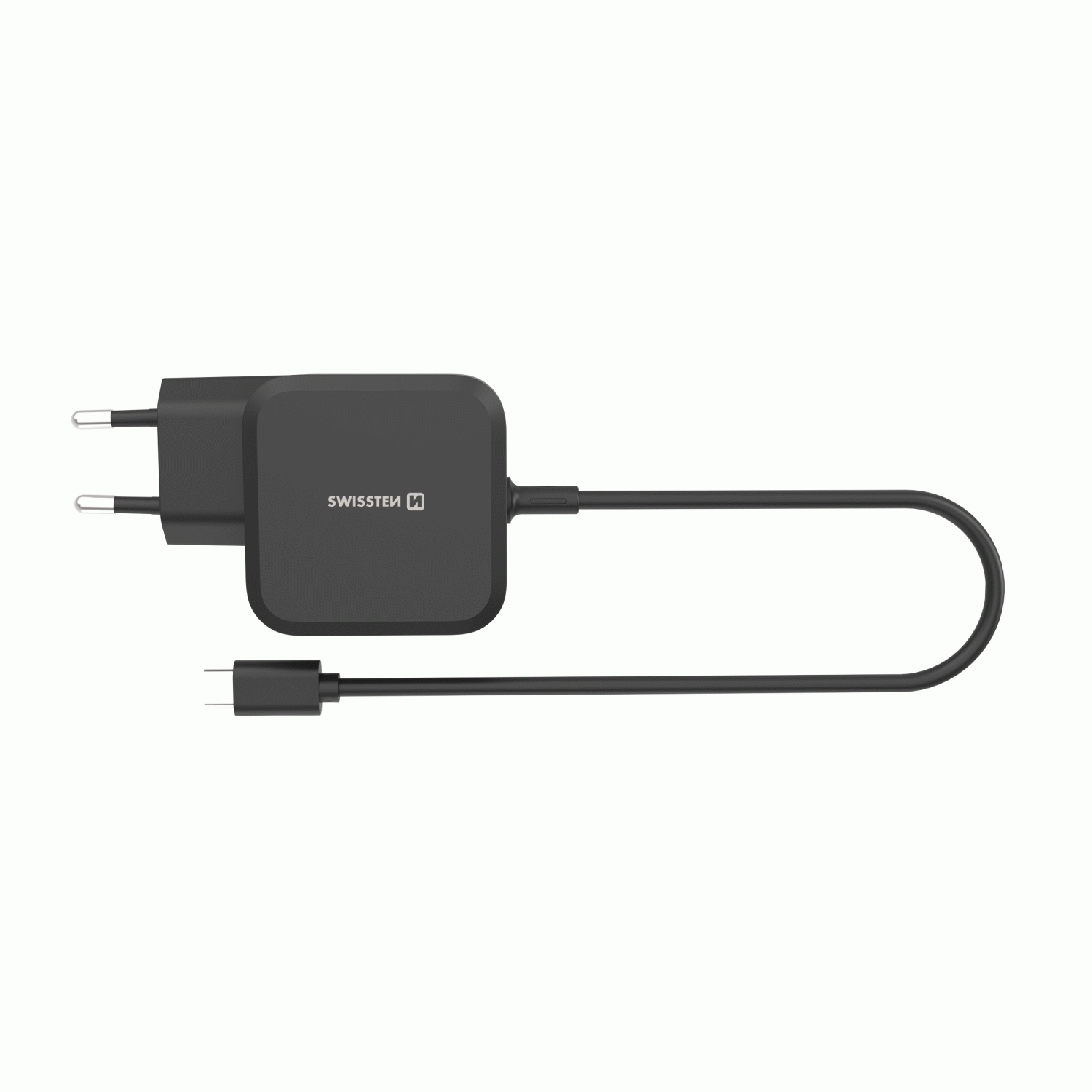 SWISSTEN SÍŤOVÝ ADAPTÉR LaptopCHARGE GaN 70W, SE ZABUDOVANÝM USB-C KABELEM, ČERNÁ
