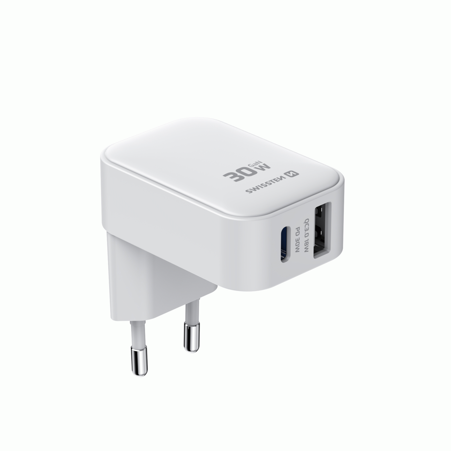 SWISSTEN SKLÁDACÍ SÍŤOVÝ ADAPTÉR FoldCHARGE GaN 1x USB-C 30W + 1x USB-A 18W QC, BÍLÁ