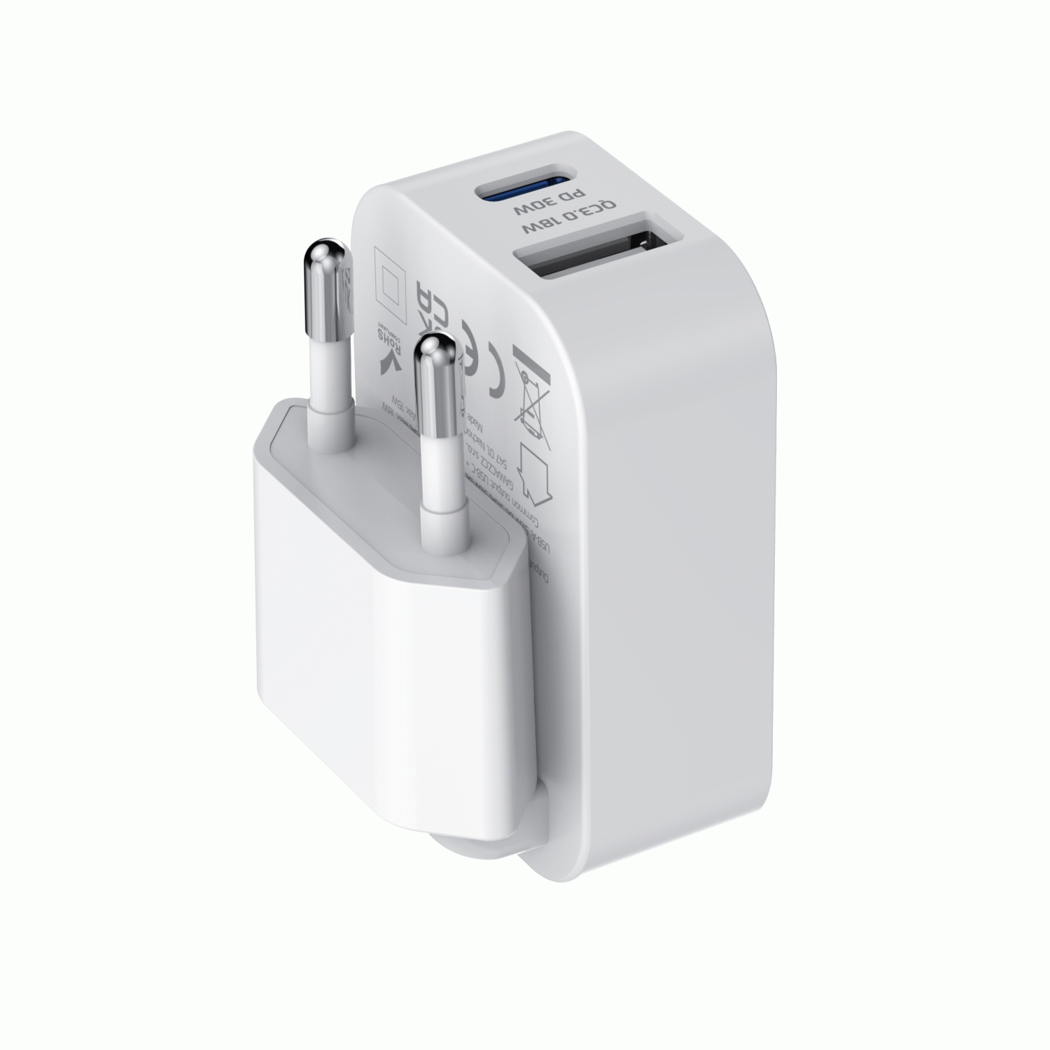 SWISSTEN SKLÁDACÍ SÍŤOVÝ ADAPTÉR FoldCHARGE GaN 1x USB-C 30W + 1x USB-A 18W QC, BÍLÁ