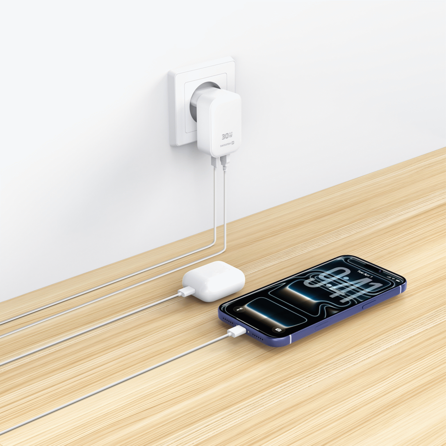 SWISSTEN SKLÁDACÍ SÍŤOVÝ ADAPTÉR FoldCHARGE GaN 1x USB-C 30W + 1x USB-A 18W QC, BÍLÁ
