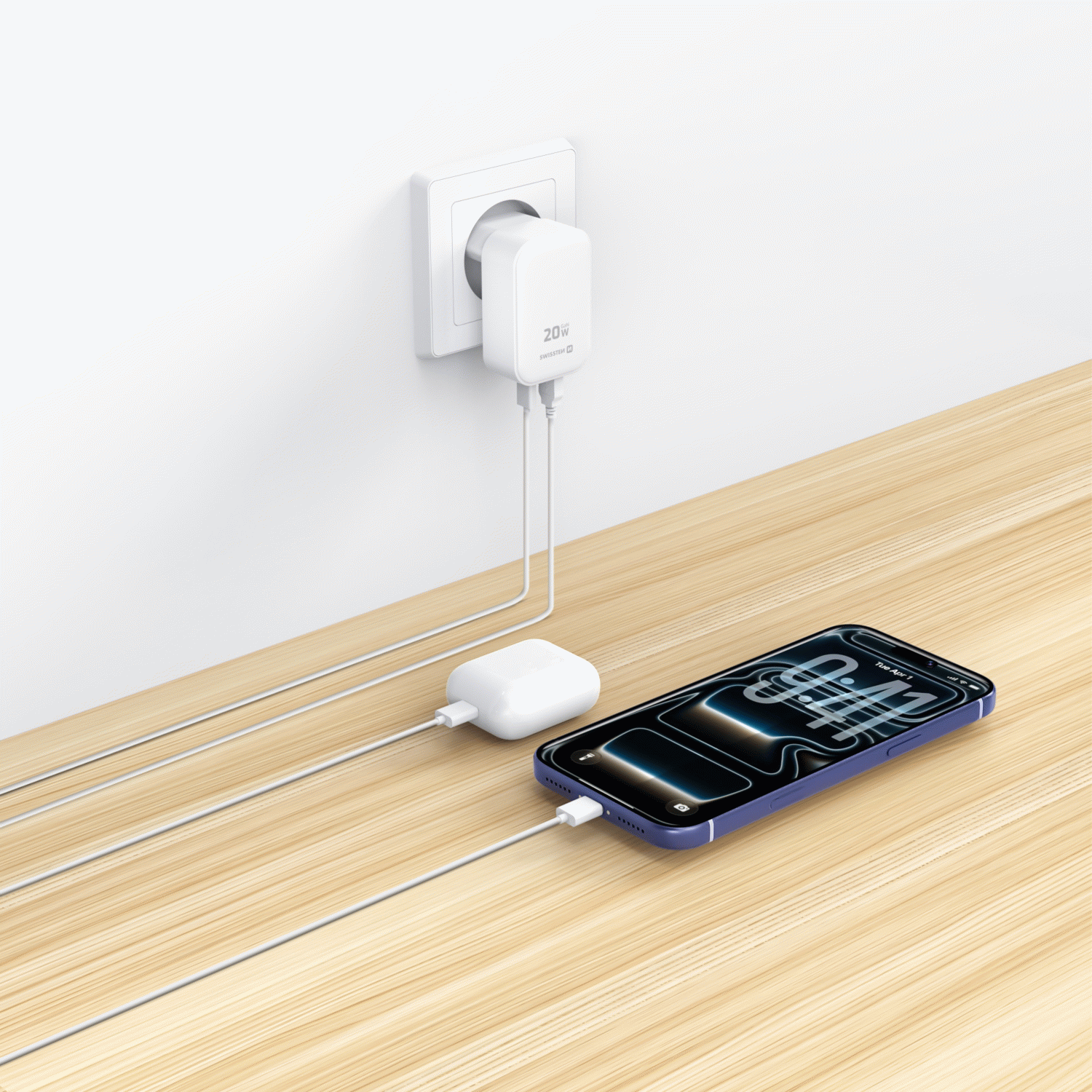 SWISSTEN SKLÁDACÍ SÍŤOVÝ ADAPTÉR FoldCHARGE GaN 1x USB-C 20W + 1x USB-A 18W QC, BÍLÁ