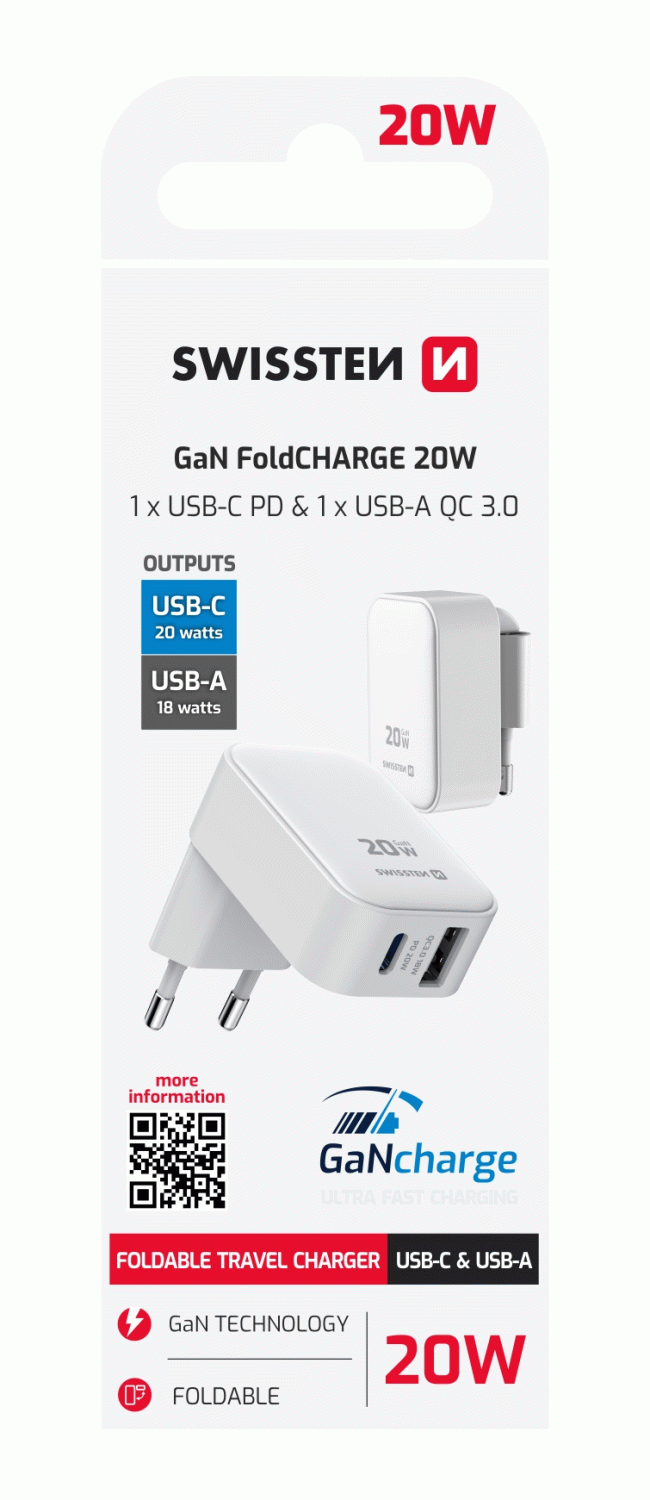 SWISSTEN SKLÁDACÍ SÍŤOVÝ ADAPTÉR FoldCHARGE GaN 1x USB-C 20W + 1x USB-A 18W QC, BÍLÁ