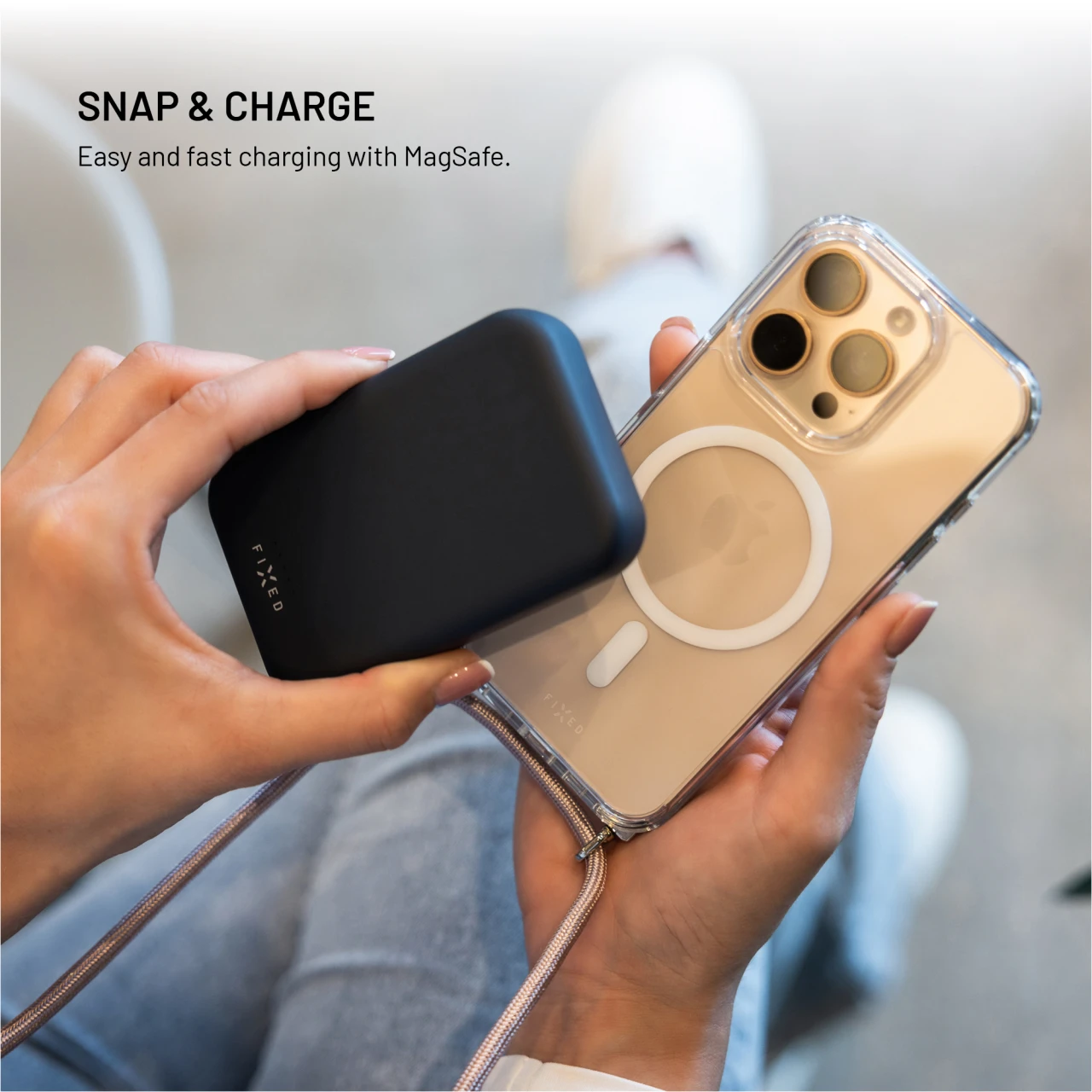 Pouzdro FIXED MagPure Neck s růžovou šňůrkou na krk pro Apple iPhone 17 Pro Max