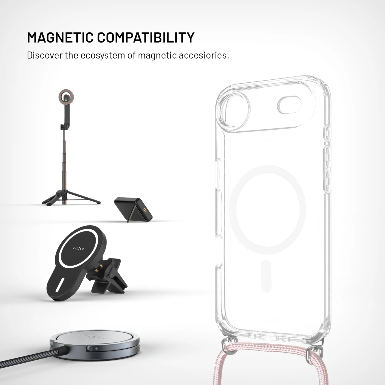 Pouzdro FIXED MagPure Neck s růžovou šňůrkou na krk pro Apple iPhone Air