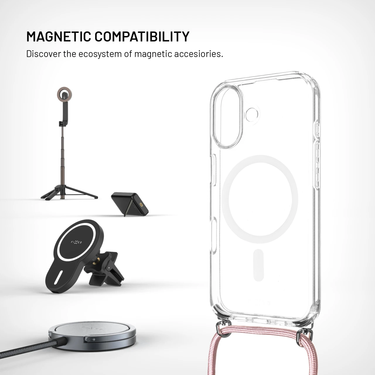 Pouzdro FIXED MagPure Neck s růžovou šňůrkou na krk pro Apple iPhone 17