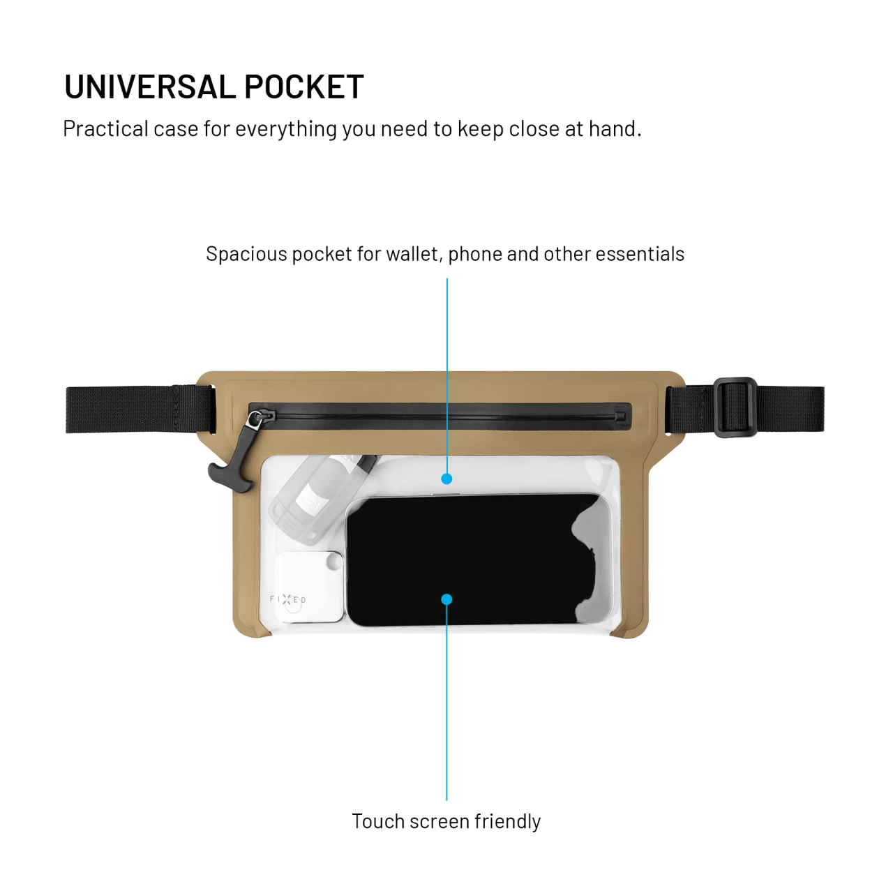 Voděodolné pouzdro FIXED Dry Belt okolo pasu z hypalonu s certifikací IPX8, khaki