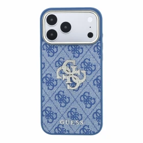 Guess PU 4G Strass Metal Logo Zadní Kryt pro iPhone 18 Pro Blue