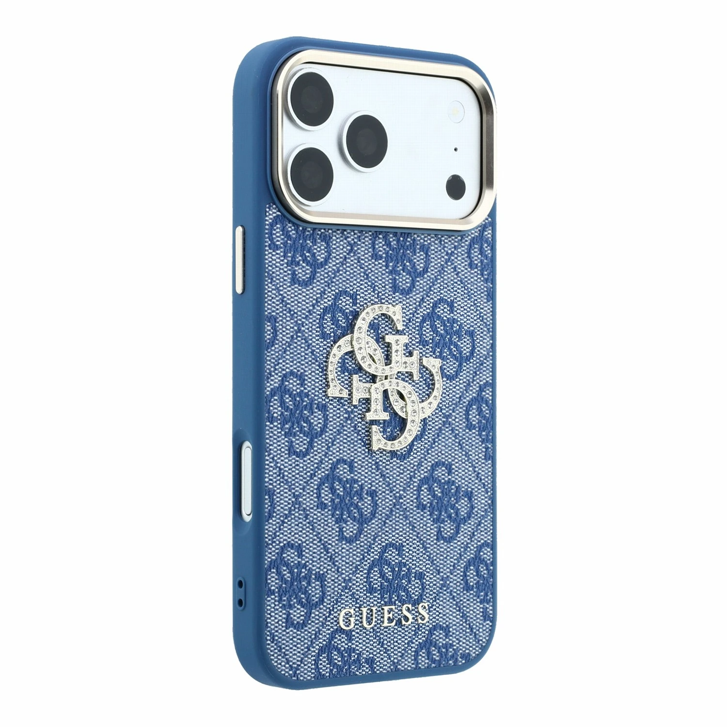 Guess PU 4G Strass Metal Logo Zadní Kryt pro iPhone 18 Pro Blue