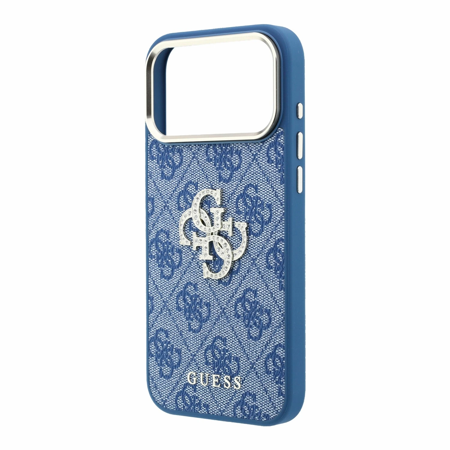 Guess PU 4G Strass Metal Logo Zadní Kryt pro iPhone 18 Pro Blue