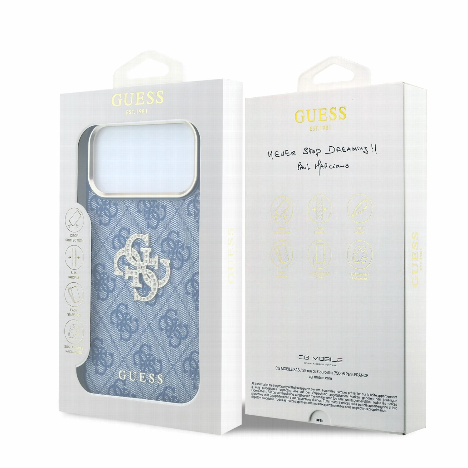 Guess PU 4G Strass Metal Logo Zadní Kryt pro iPhone 18 Pro Blue