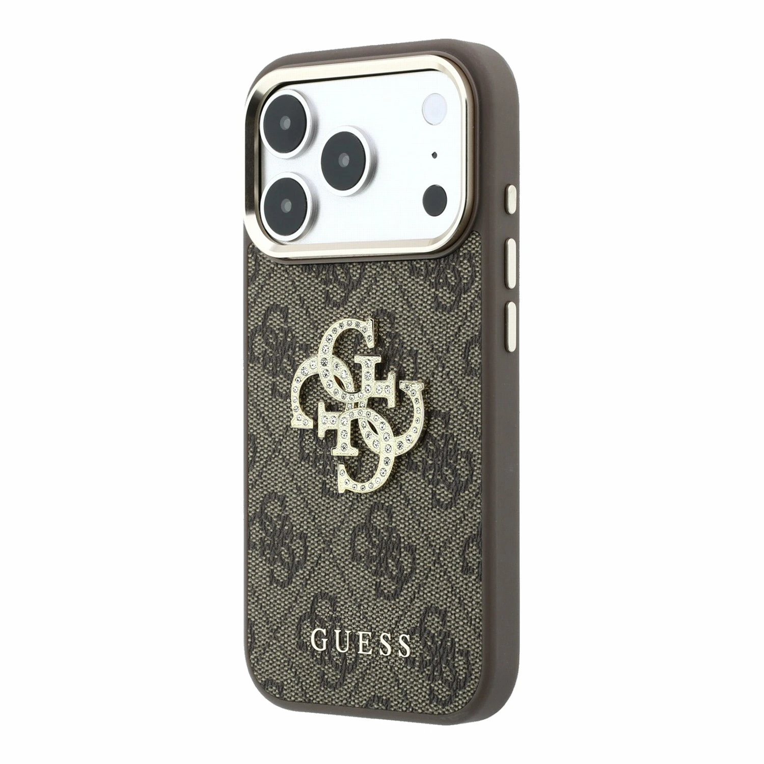 Guess PU 4G Strass Metal Logo Zadní Kryt pro iPhone 18 Pro Max Brown