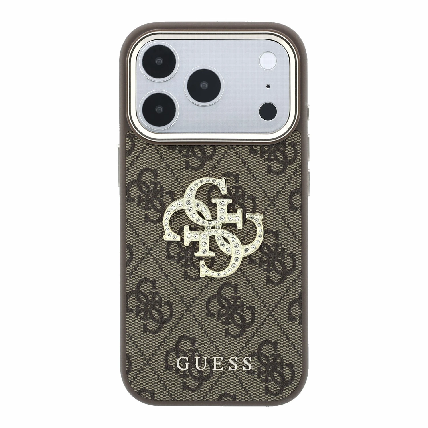 Guess PU 4G Strass Metal Logo Zadní Kryt pro iPhone 18 Pro Max Brown