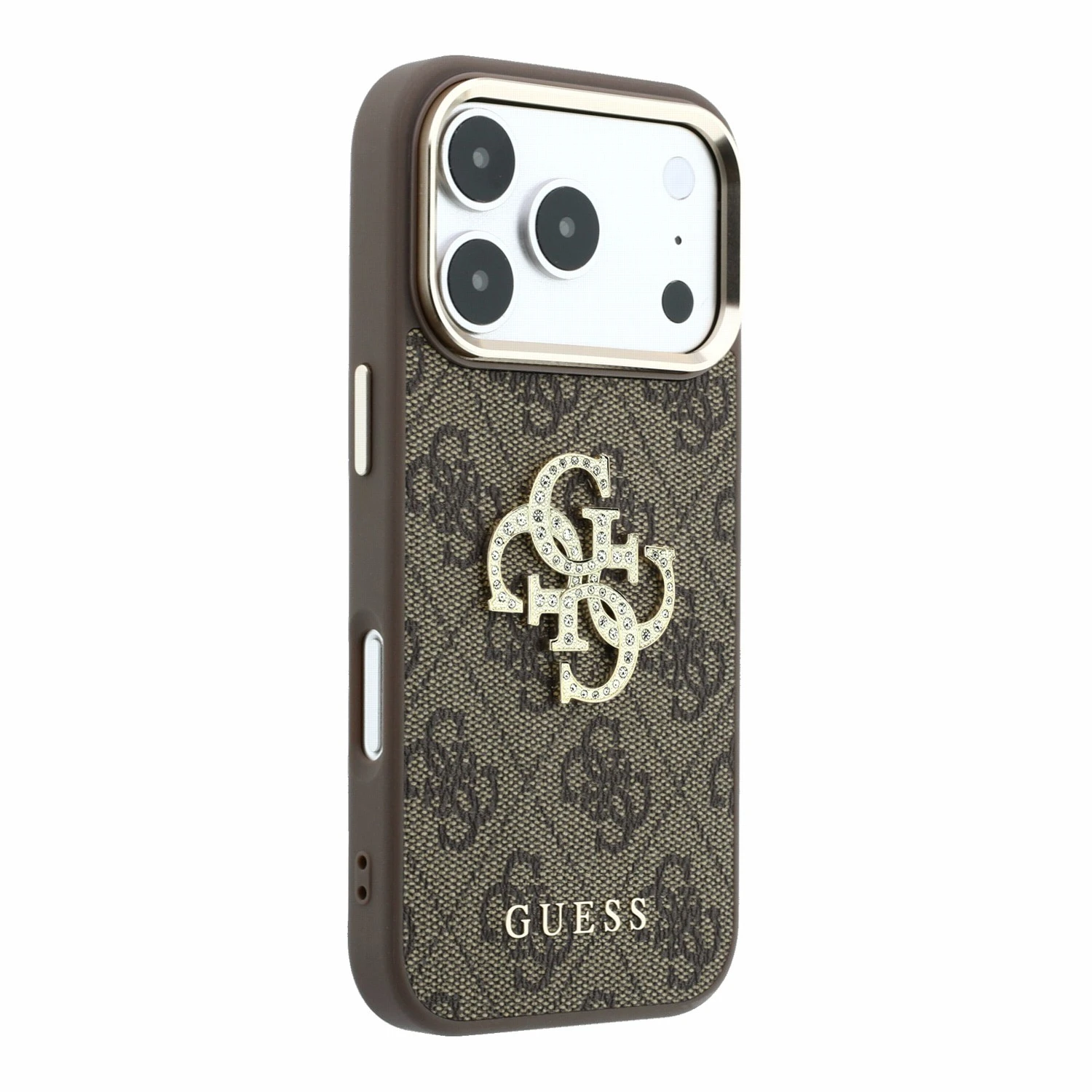Guess PU 4G Strass Metal Logo Zadní Kryt pro iPhone 18 Pro Max Brown