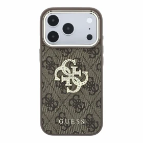 Guess PU 4G Strass Metal Logo Zadní Kryt pro iPhone 18 Pro Brown