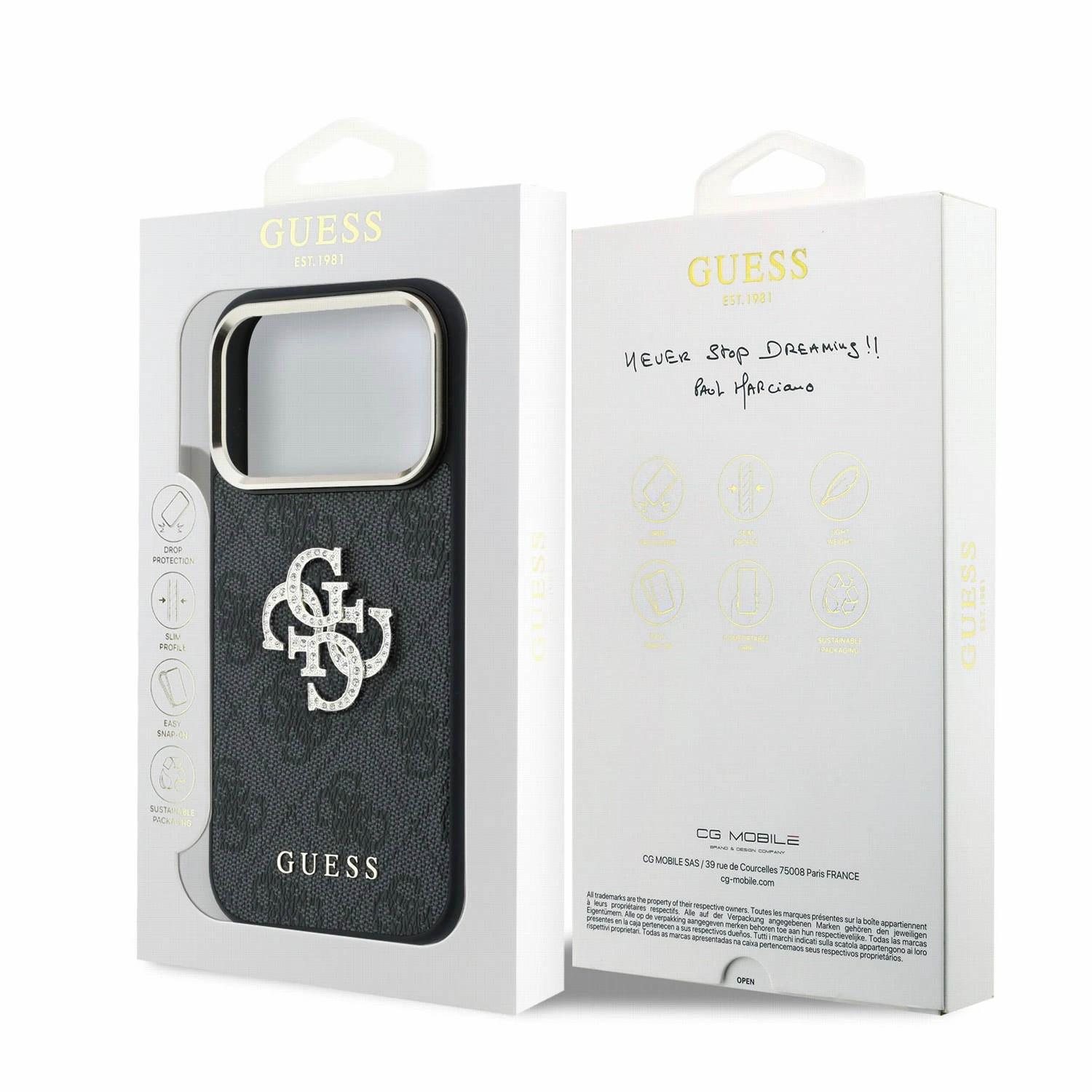 Guess PU 4G Strass Metal Logo Zadní Kryt pro iPhone 18 Pro Max Black