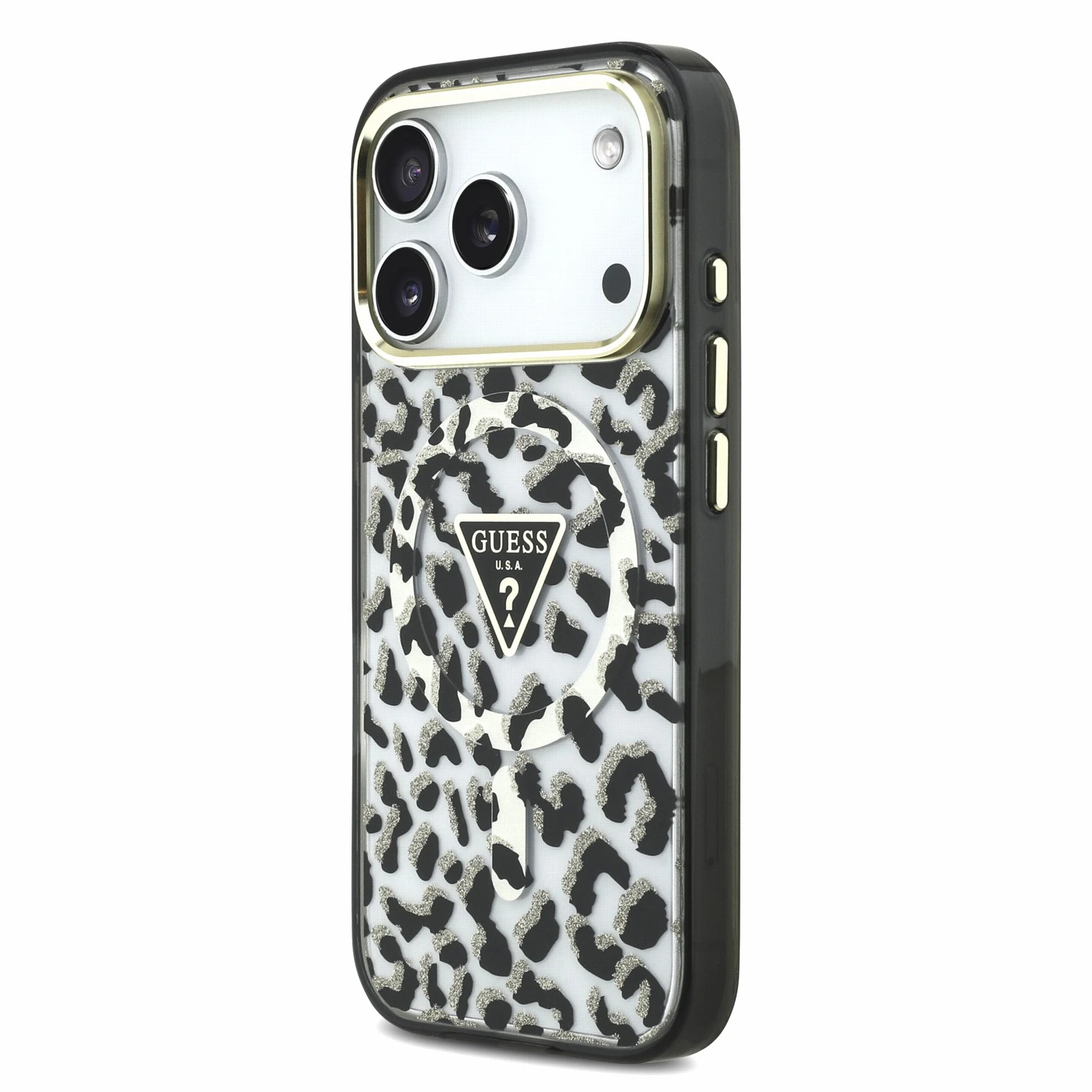 Guess IML Glitter Leopard Triangle Logo MagSafe Zadní Kryt pro iPhone 18 Pro Black