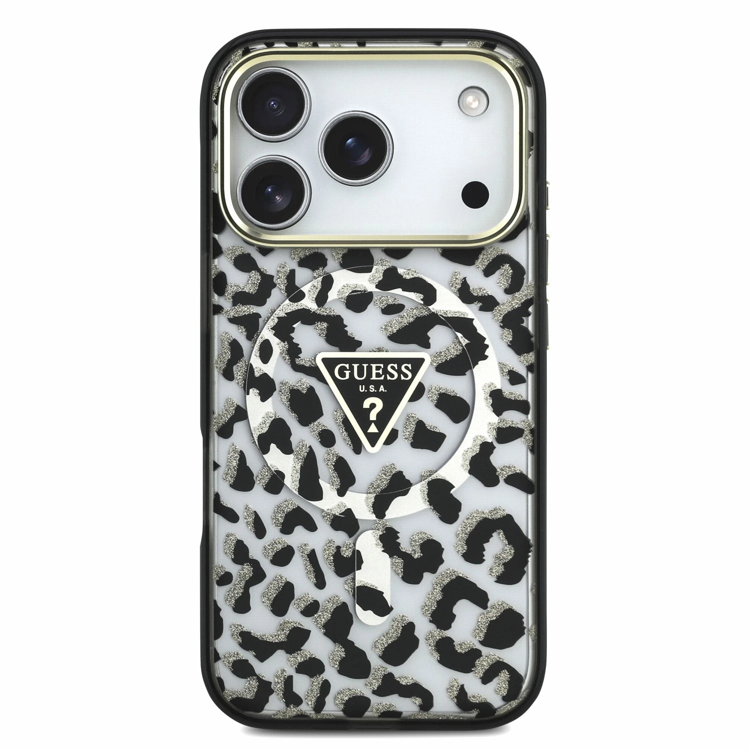 Guess IML Glitter Leopard Triangle Logo MagSafe Zadní Kryt pro iPhone 18 Pro Black