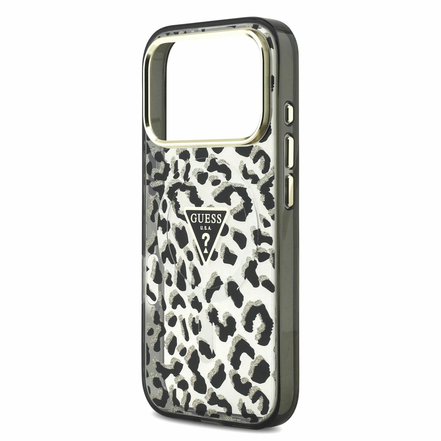 Guess IML Glitter Leopard Triangle Logo MagSafe Zadní Kryt pro iPhone 18 Pro Black