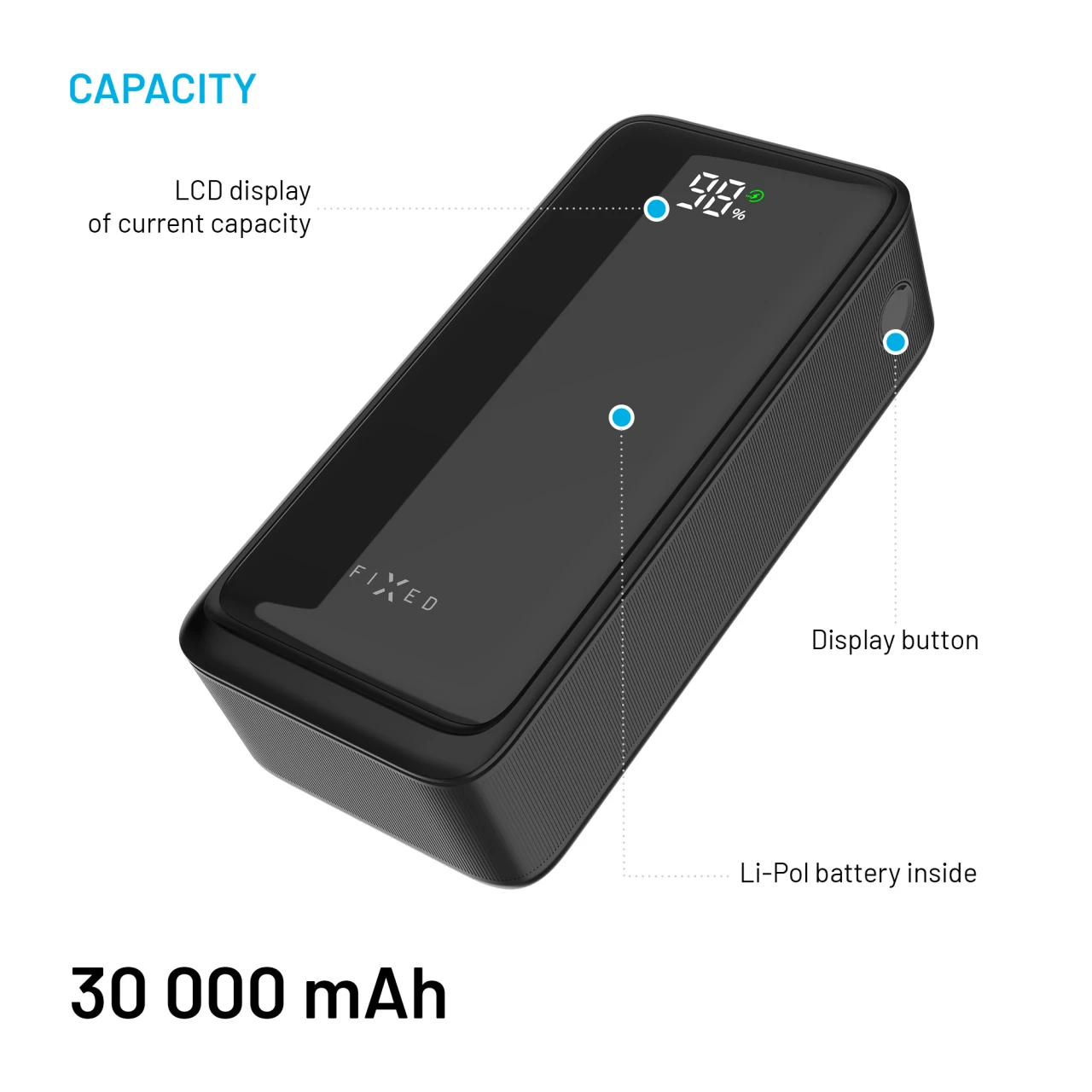 Powerbanka FIXED Zen2 30 s LCD displejem a výstupem PD 20W, 30 000 mAh, černá