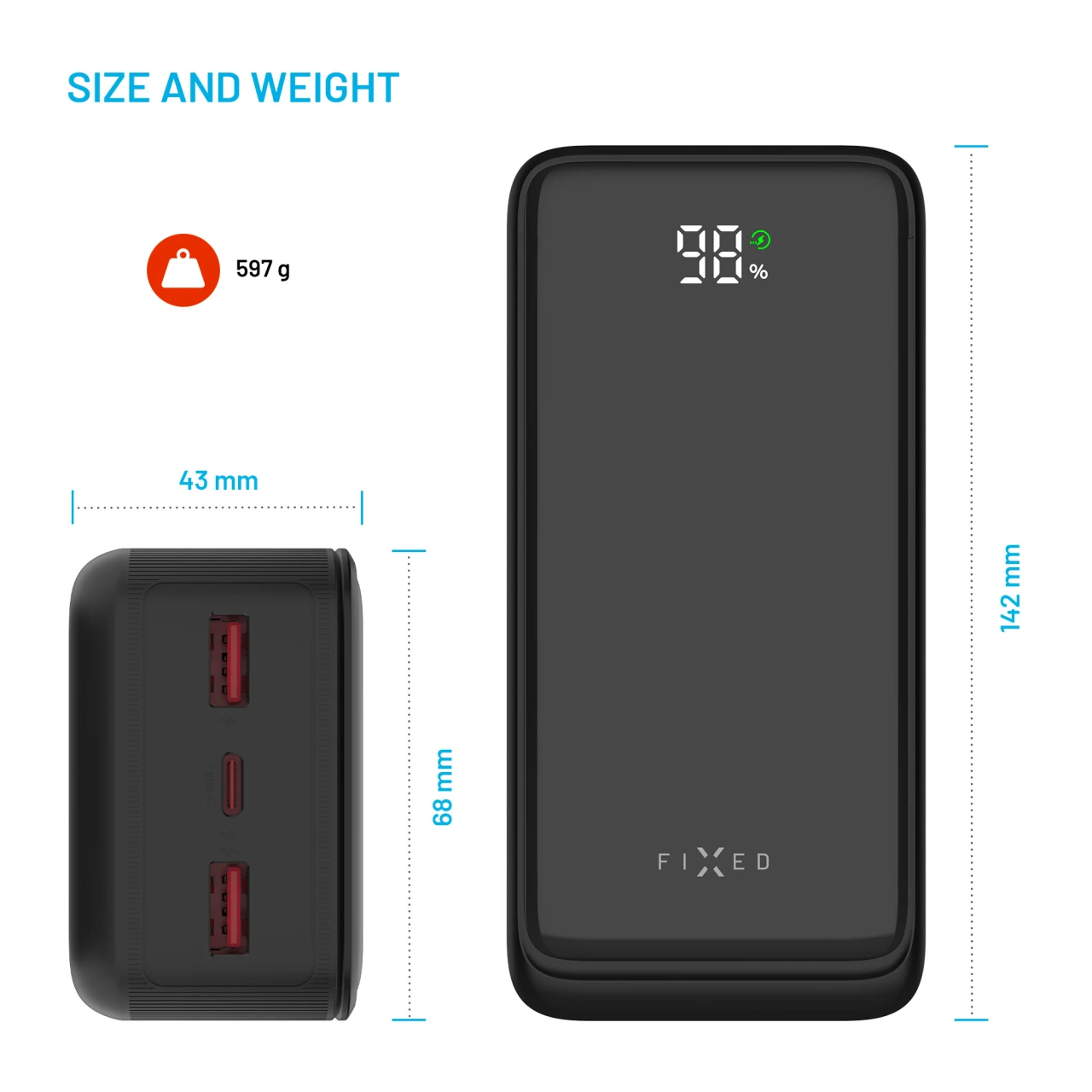 Powerbanka FIXED Zen2 30 s LCD displejem a výstupem PD 20W, 30 000 mAh, černá