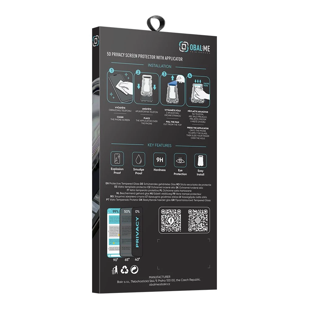 OBAL:ME Privacy 5D Tvrzené Sklo s Aplikátorem pro Apple iPhone 18 Pro Black