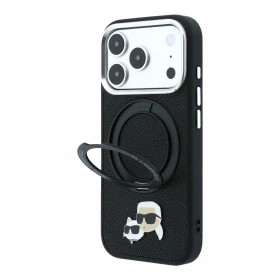 Karl Lagerfeld PU Grained K&CH Heads Ring Stand Magsafe Zadní Kryt pro iPhone 18 Pro Max Black