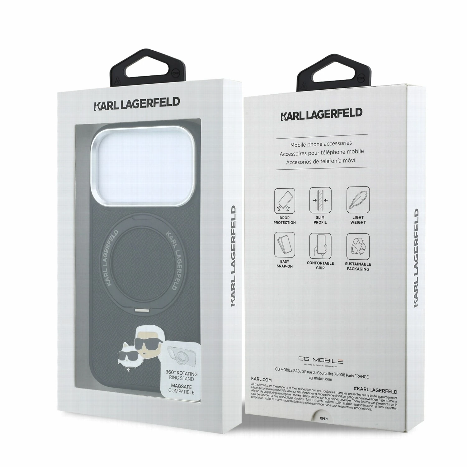 Karl Lagerfeld PU Grained K&CH Heads Ring Stand Magsafe Zadní Kryt pro iPhone 18 Pro Max Black