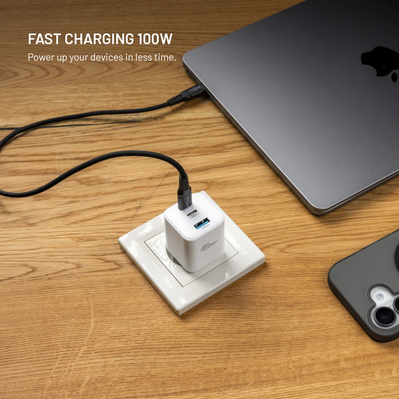Síťová GaN nabíječka FIXED Mini s 2xUSB-C a USB výstupem, podpora PD, 100W, bílá