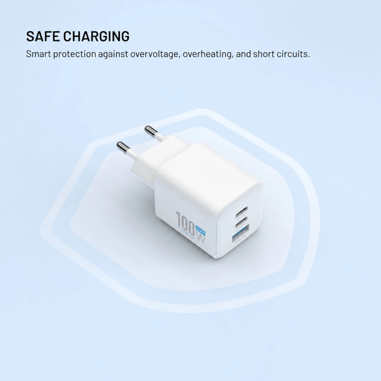 Síťová GaN nabíječka FIXED Mini s 2xUSB-C a USB výstupem, podpora PD, 100W, bílá