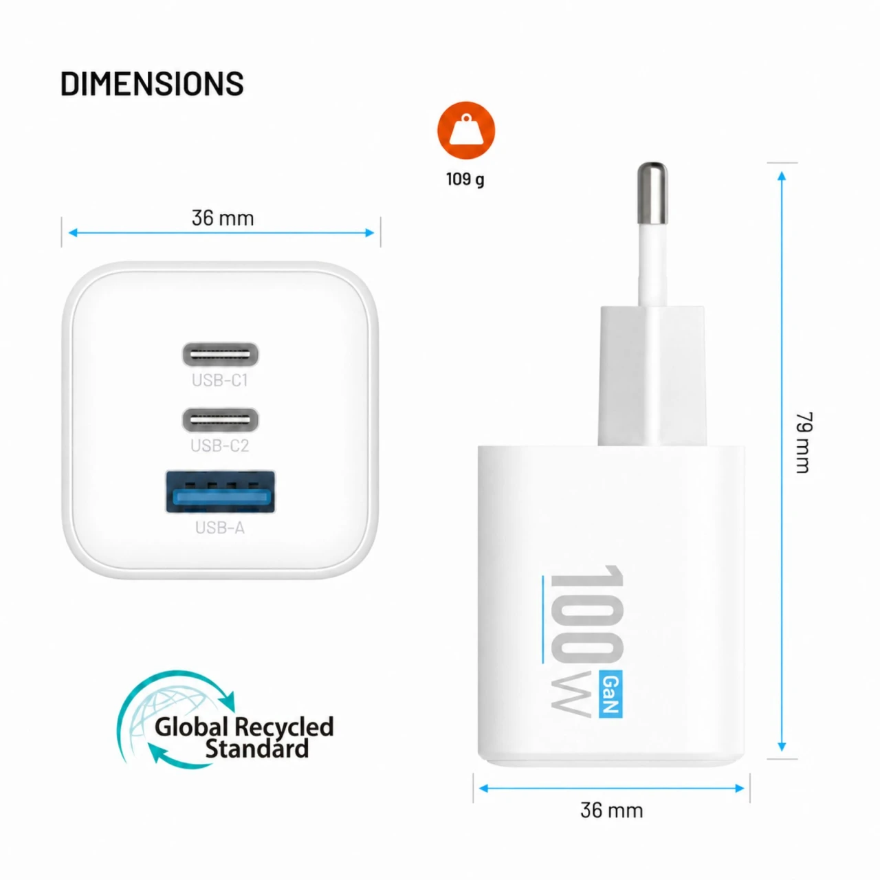 Síťová GaN nabíječka FIXED Mini s 2xUSB-C a USB výstupem, podpora PD, 100W, bílá