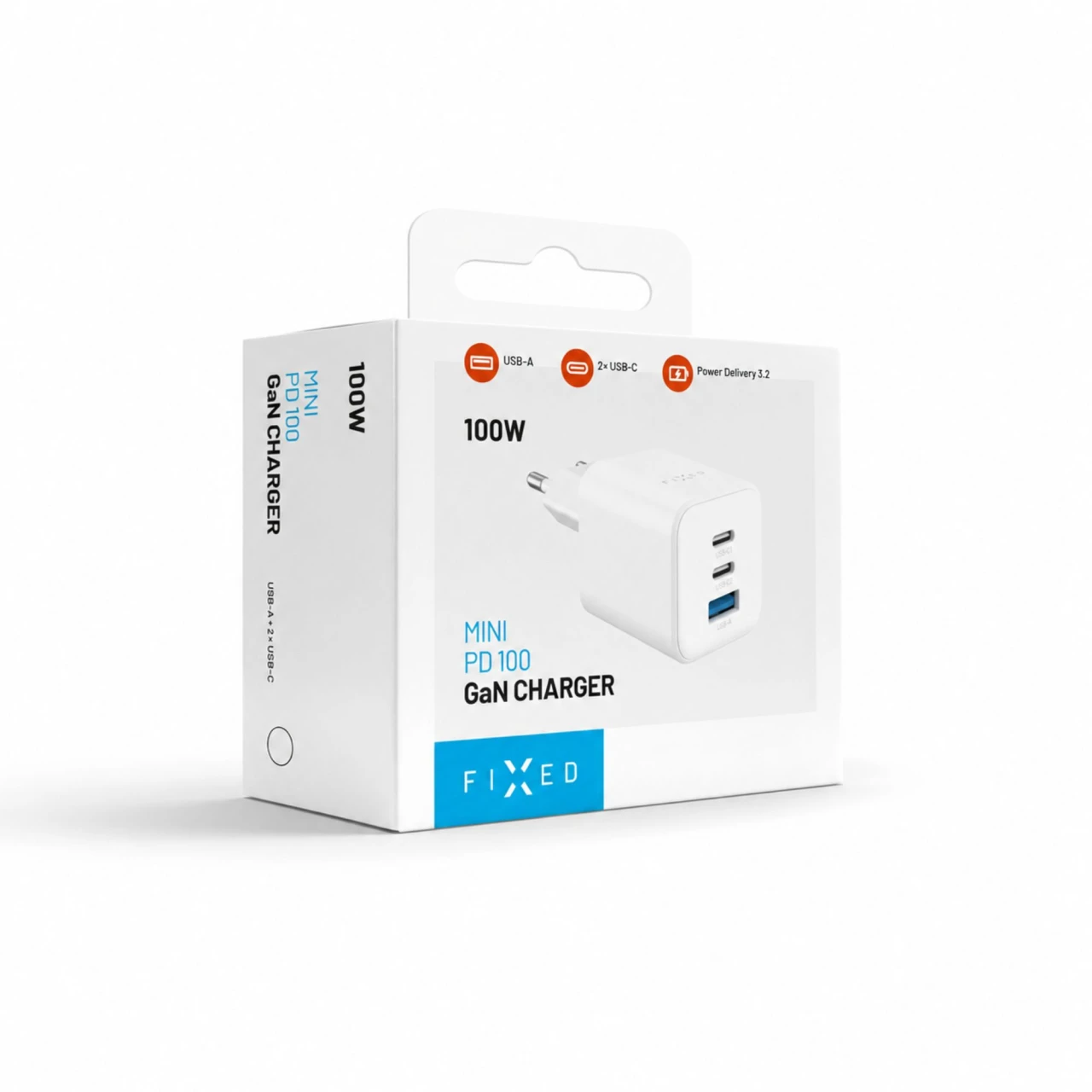 Síťová GaN nabíječka FIXED Mini s 2xUSB-C a USB výstupem, podpora PD, 100W, bílá