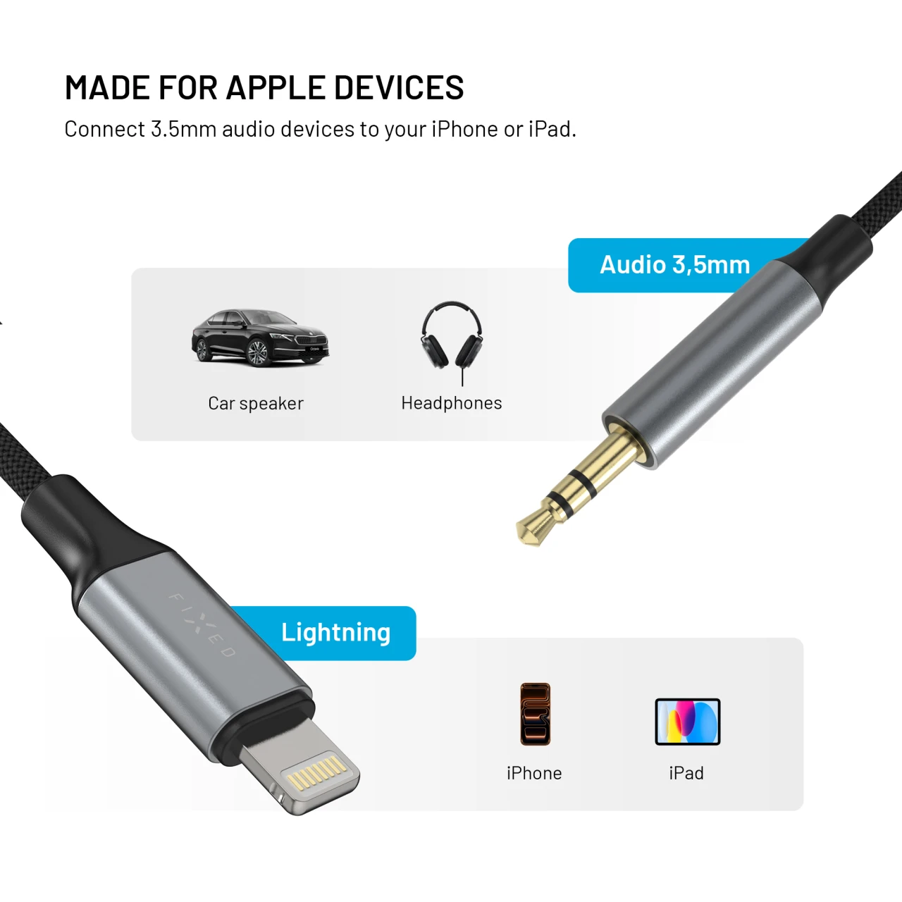 Audio kabel FIXED Link Lightning na 3,5mm jack, 1.5m, space gray