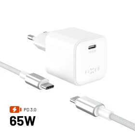 Set síťové GaN nabíječky FIXED Mini s USB-C výstupem a USB-C/USB-C kabelu, podpora PD, 2 metry, 65W, bílá