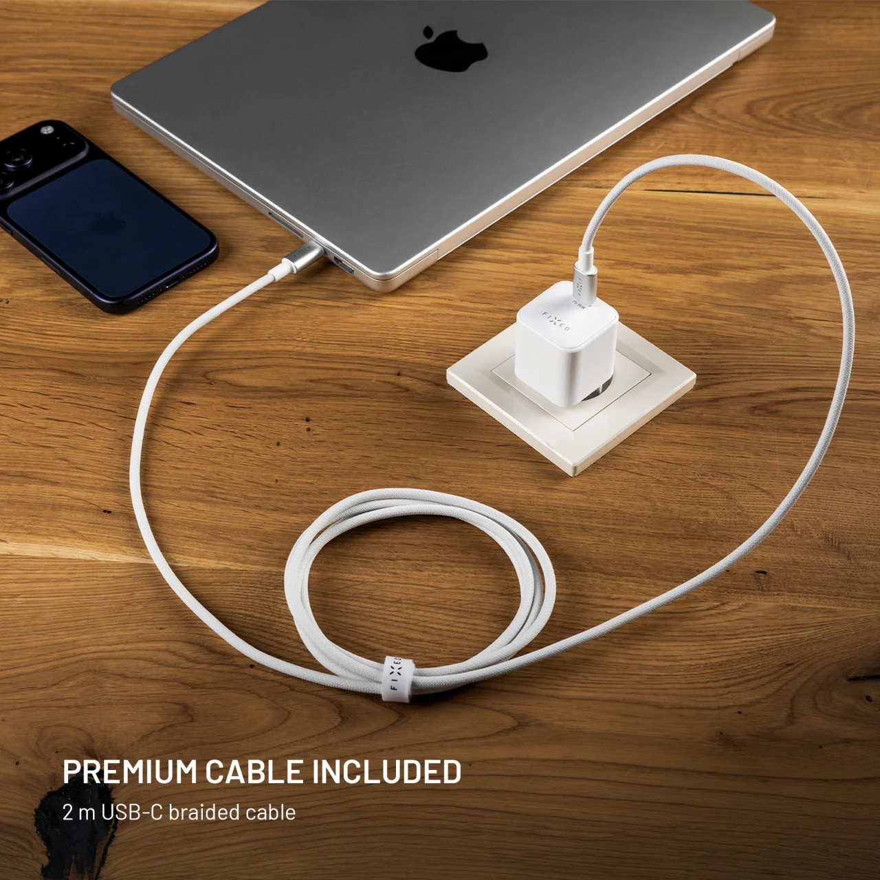 Set síťové GaN nabíječky FIXED Mini s USB-C výstupem a USB-C/USB-C kabelu, podpora PD, 2 metry, 65W, bílá