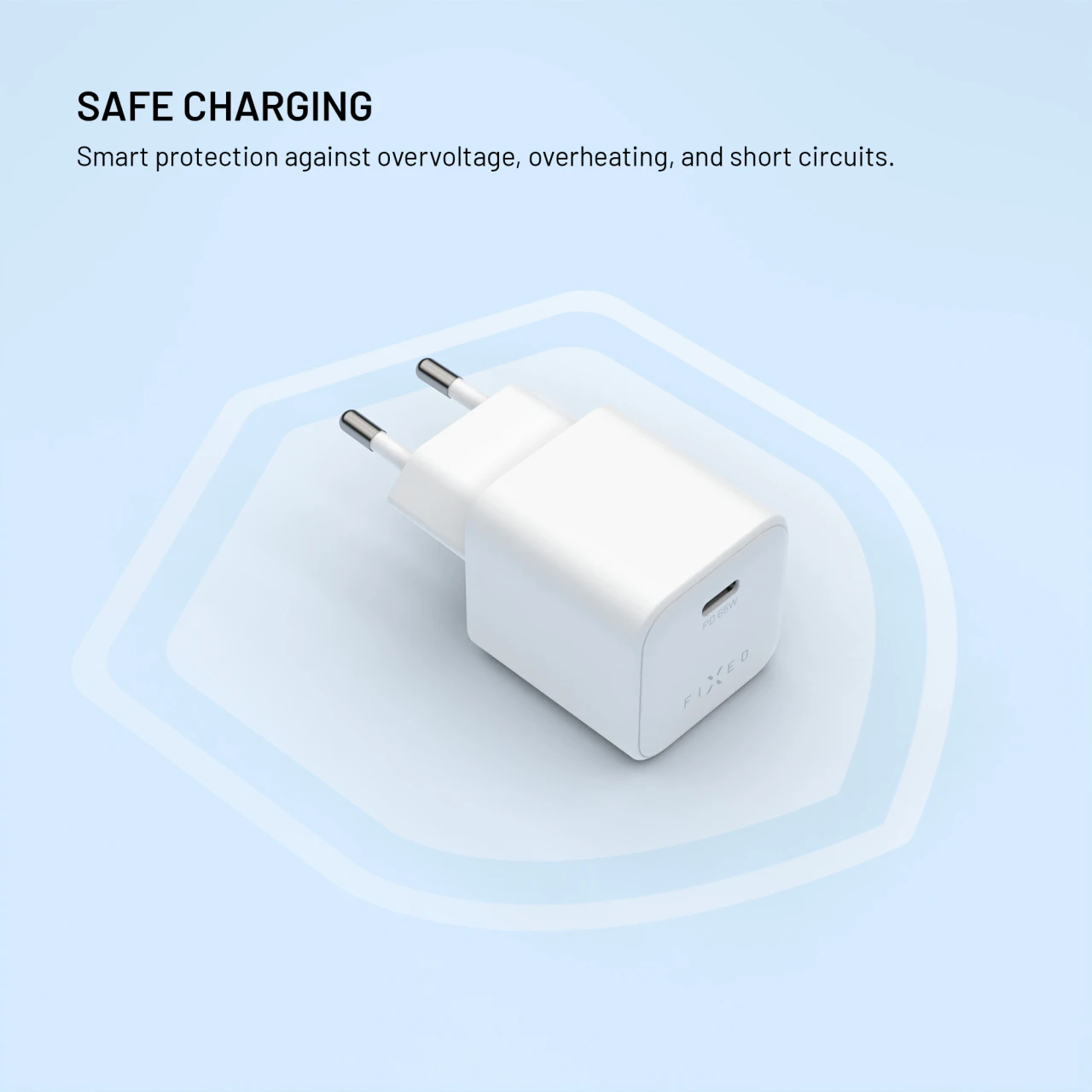 Set síťové GaN nabíječky FIXED Mini s USB-C výstupem a USB-C/USB-C kabelu, podpora PD, 2 metry, 65W, bílá