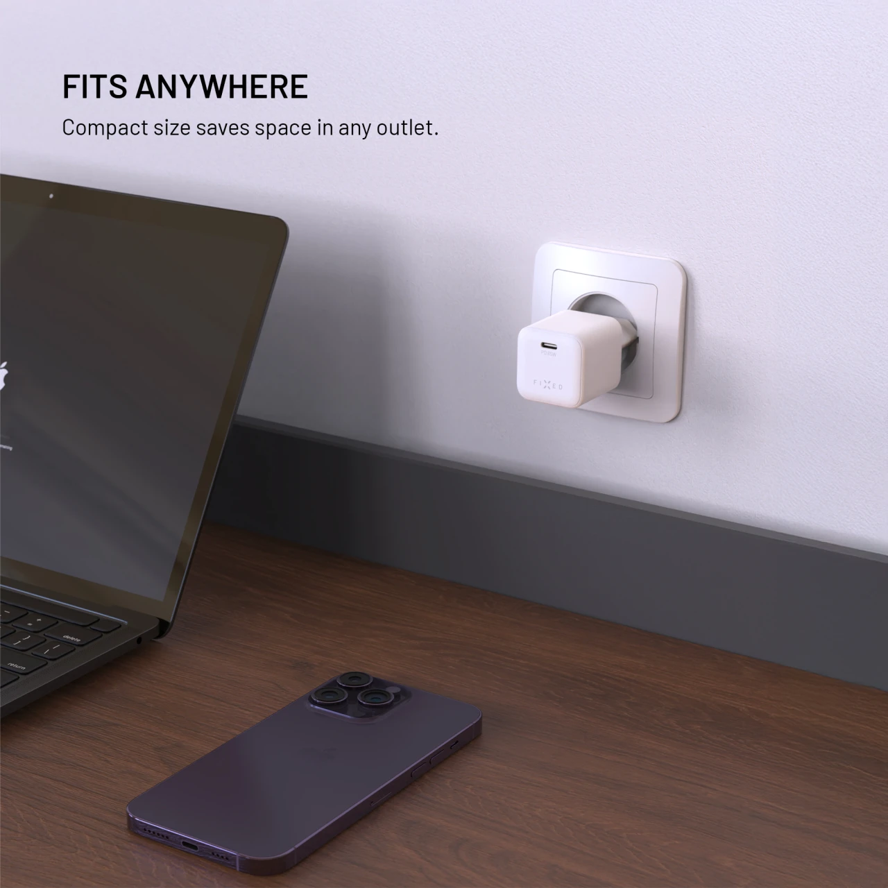 Set síťové GaN nabíječky FIXED Mini s USB-C výstupem a USB-C/USB-C kabelu, podpora PD, 2 metry, 65W, bílá