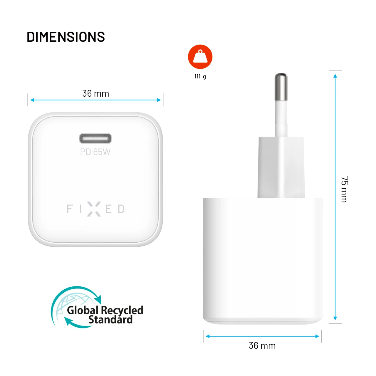 Set síťové GaN nabíječky FIXED Mini s USB-C výstupem a USB-C/USB-C kabelu, podpora PD, 2 metry, 65W, bílá